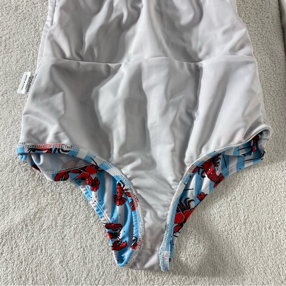 Sourpuss Blue White Striped Red Lobster Print One Piece Swimsuit Bathing Suit S - Picture 11 of 16